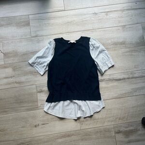 LOFT Gray and White Blouse with Puff Sleeves and Peter Pan Collar